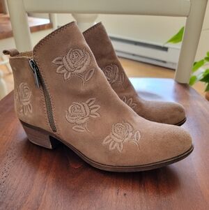 Lucky Brand Taupe Suede Floral Embroidered Ankle Booties